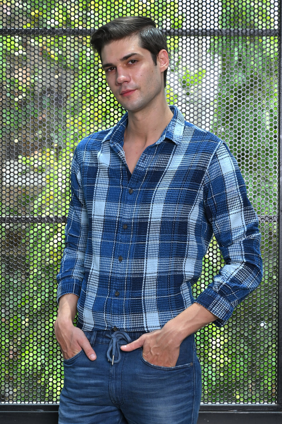 Sven - Waffle Dobby Indigo Check Shirt - Navy