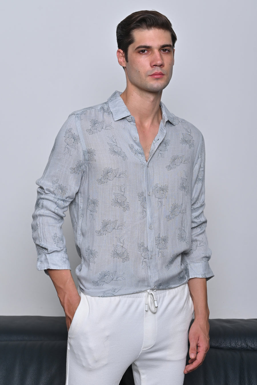 Alon - Viscose Linen Floral Printed Shirt - Grey