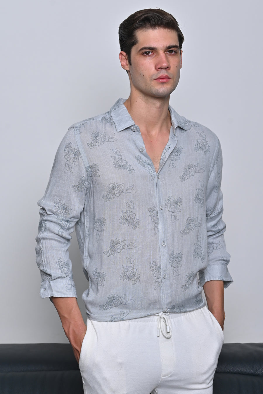 Alon - Viscose Linen Floral Printed Shirt - Grey