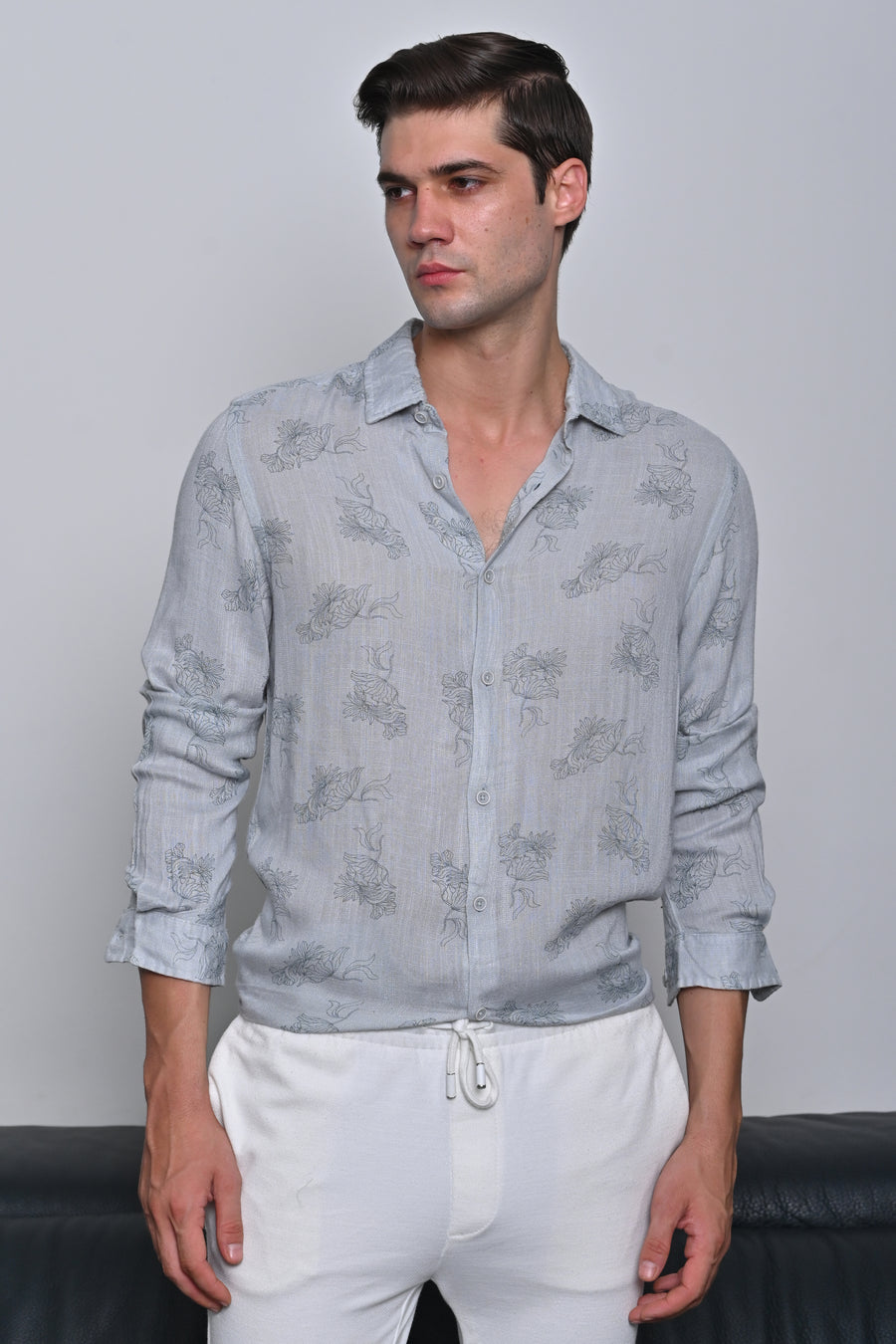 Alon - Viscose Linen Floral Printed Shirt - Grey