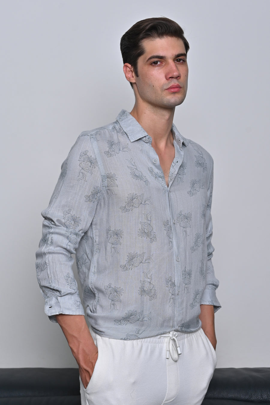 Alon - Viscose Linen Floral Printed Shirt - Grey