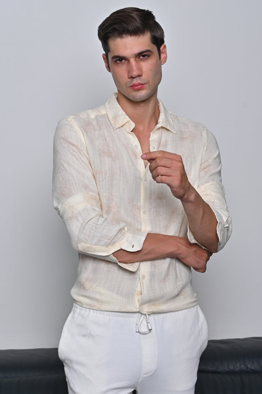 Alon - Viscose Linen Floral Printed Shirt - Off  White