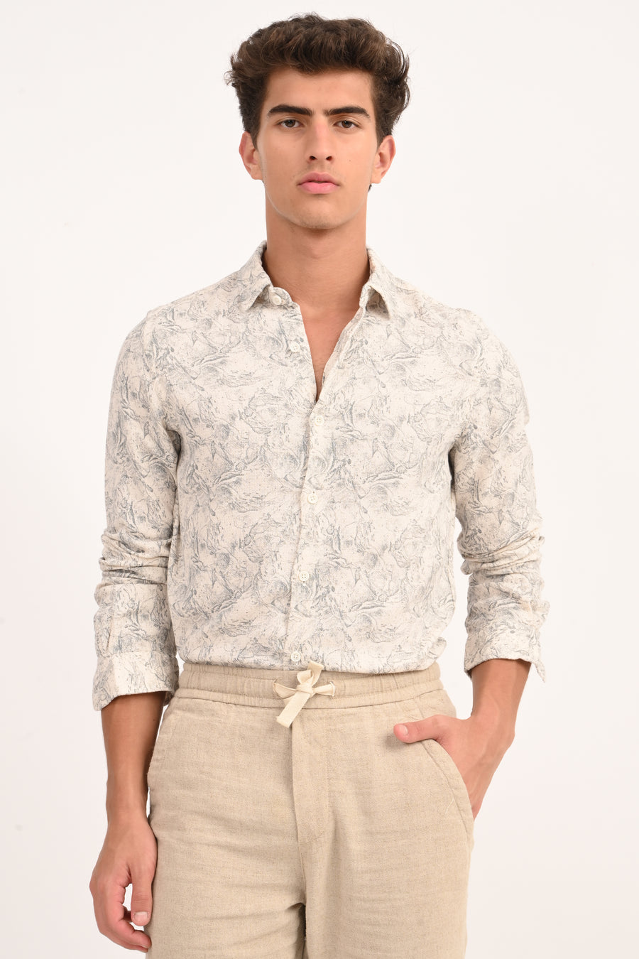 Perry - Cotton Printed Dobby Shirt - Off White