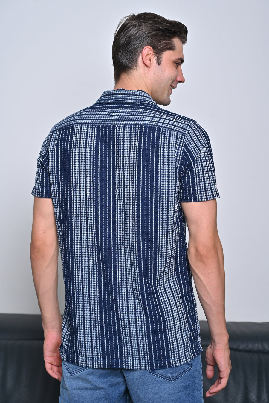 Octavia - Waffle Dobby Indigo Striped Shirt - Navy