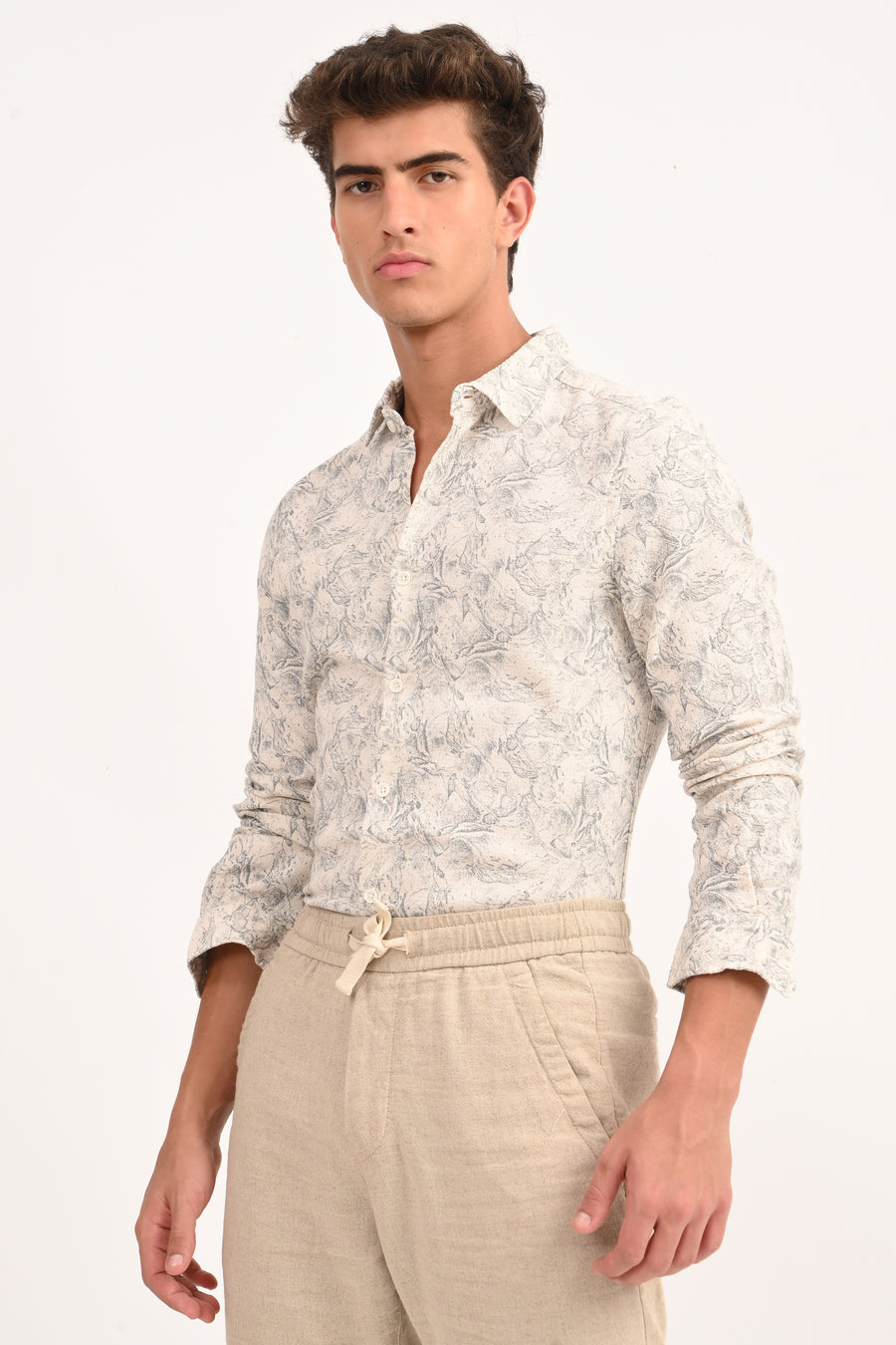 Perry - Cotton Printed Dobby Shirt - Off White