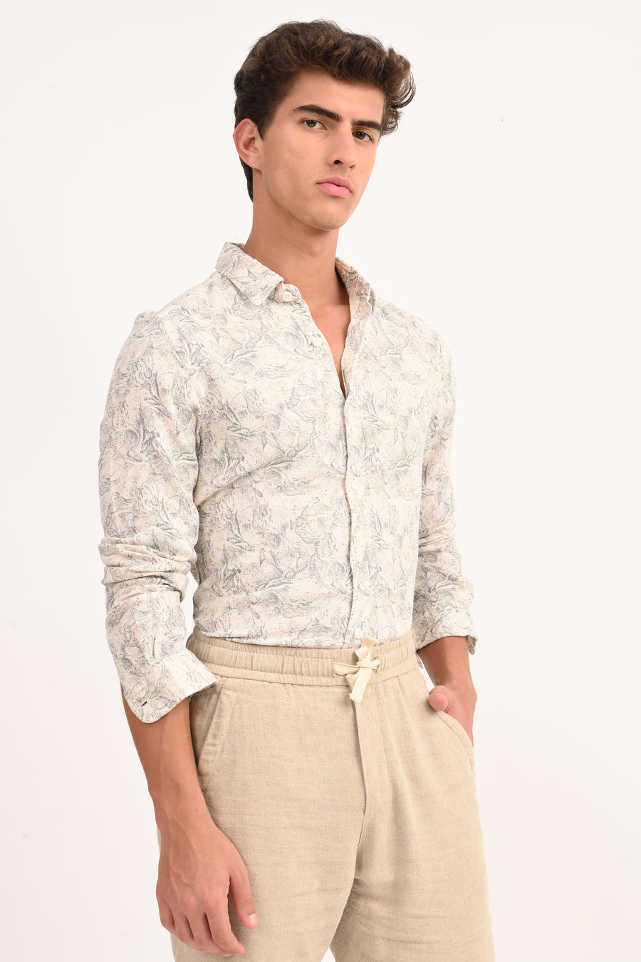 Perry - Cotton Printed Dobby Shirt - Off White