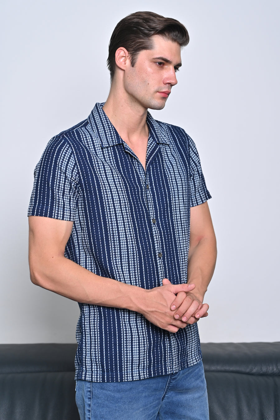 Octavia - Waffle Dobby Indigo Striped Shirt - Navy