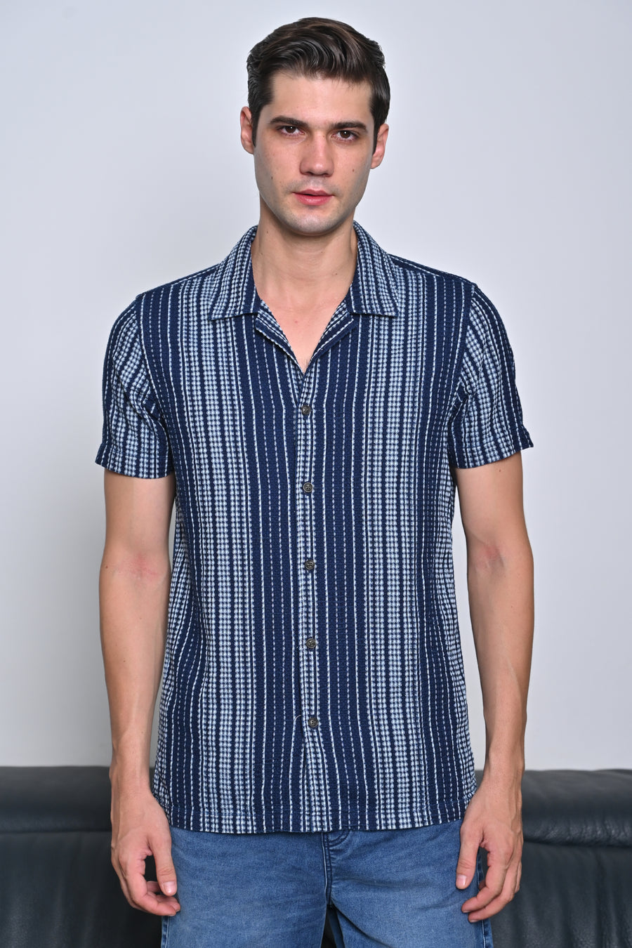 Octavia - Waffle Dobby Indigo Striped Shirt - Navy