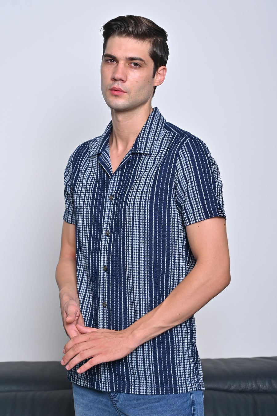 Octavia - Waffle Dobby Indigo Striped Shirt - Navy