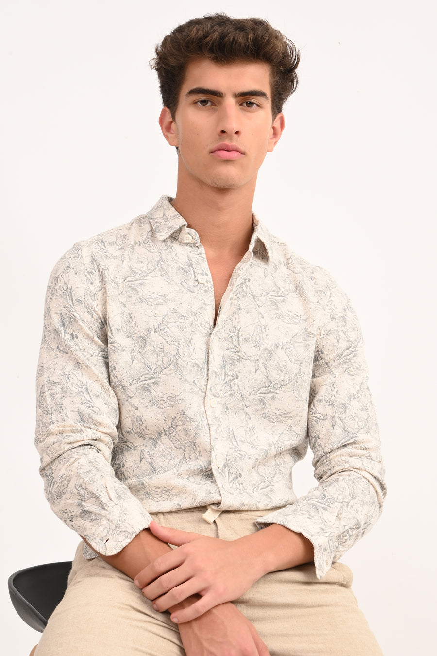 Perry - Cotton Printed Dobby Shirt - Off White