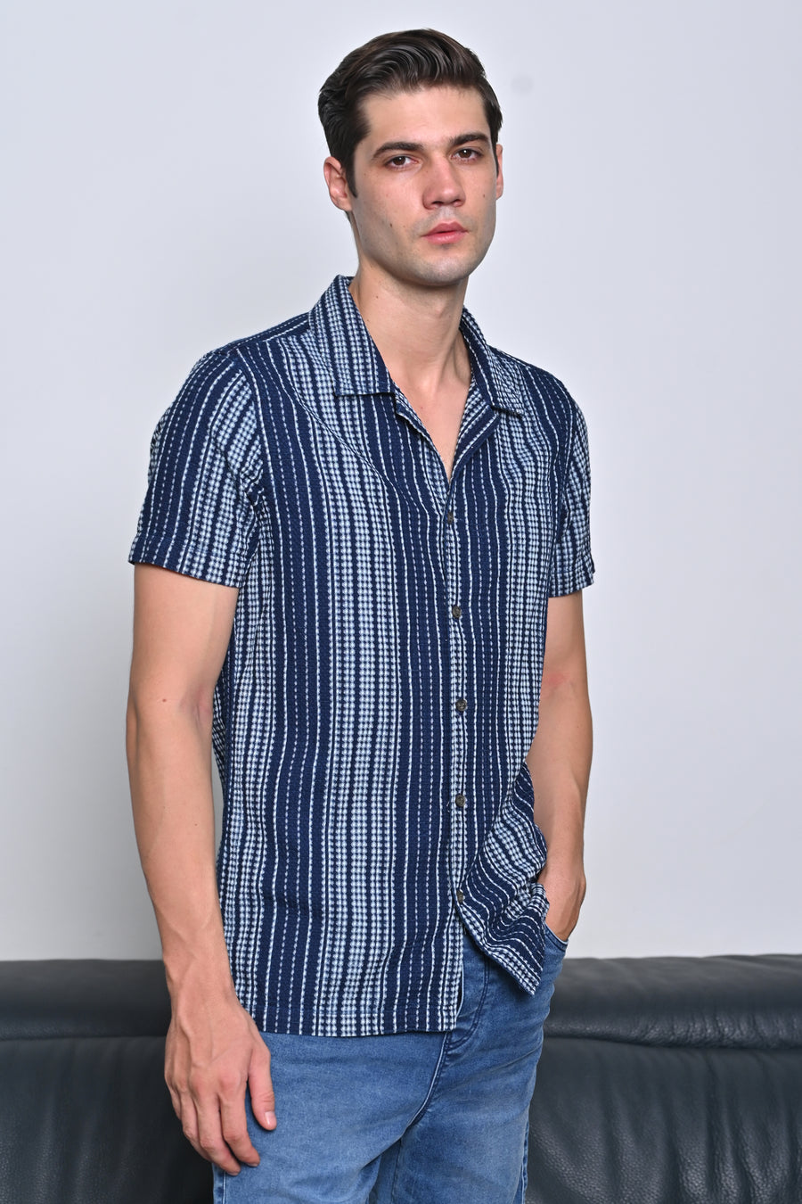 Octavia - Waffle Dobby Indigo Striped Shirt - Navy