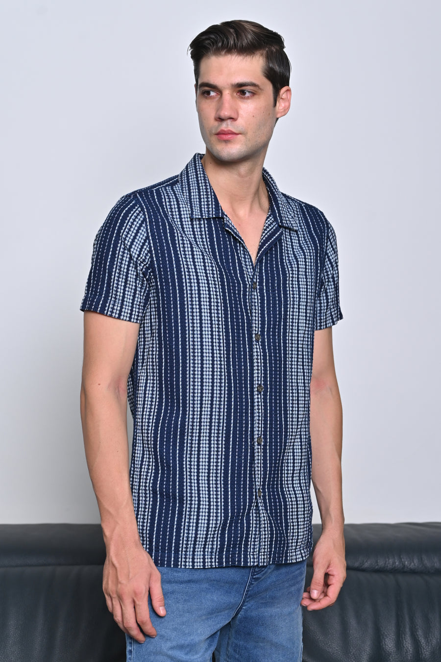 Octavia - Waffle Dobby Indigo Striped Shirt - Navy