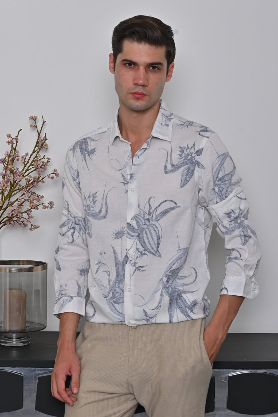 Veronica - Linen Blend Printed Shirt - Blue