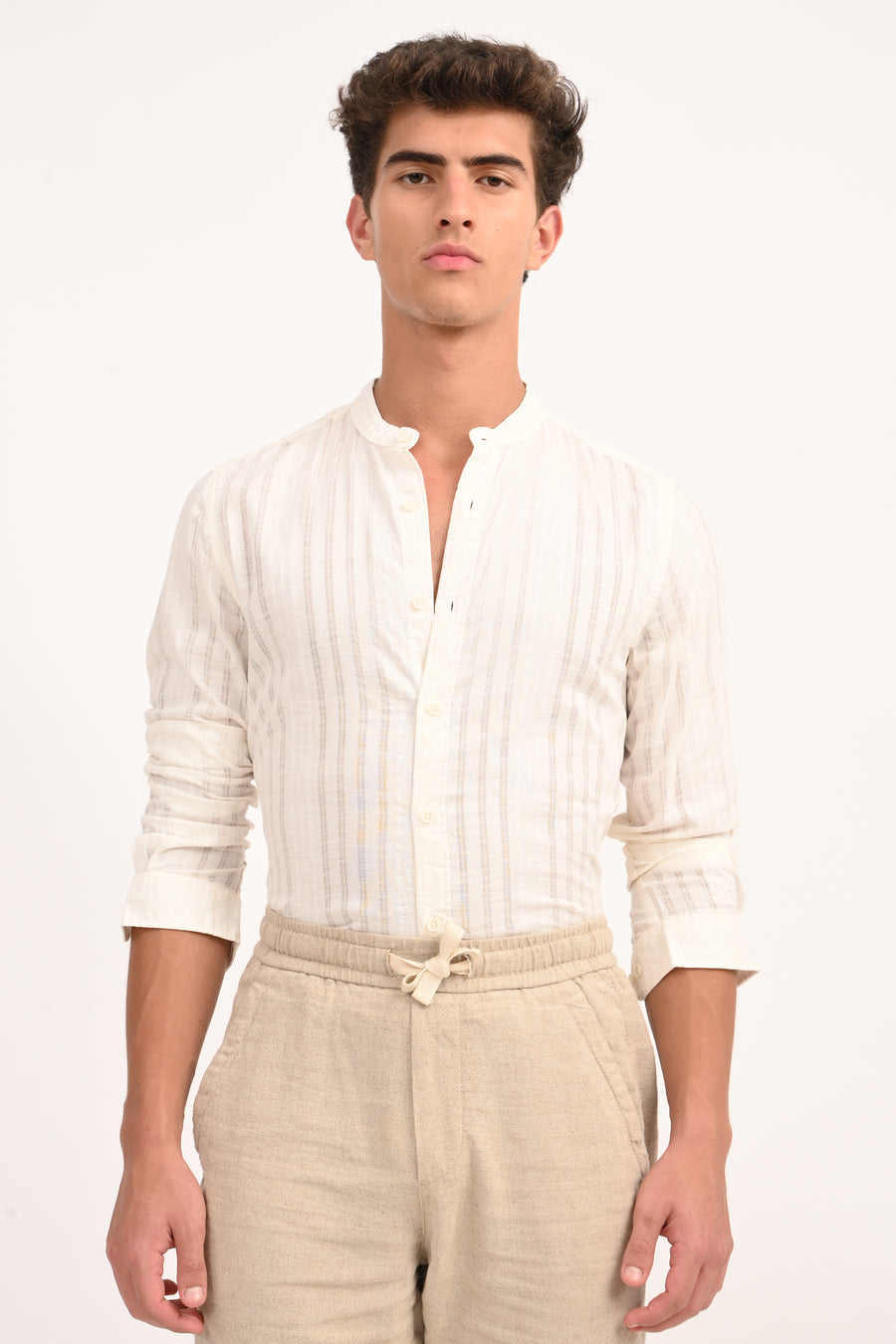 Becky - Striped Linen Check Shirt - Off White