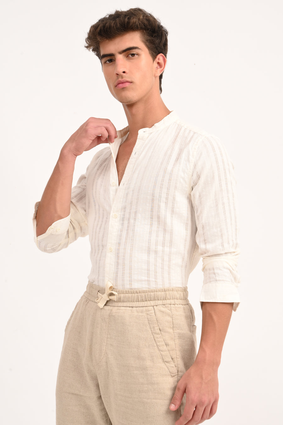 Becky - Striped Linen Check Shirt - Off White