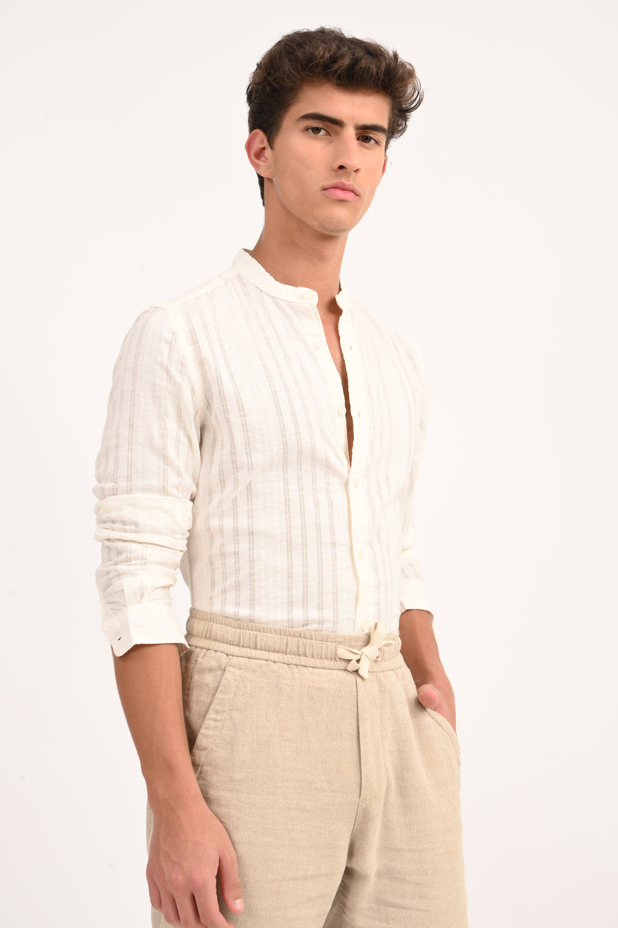 Becky - Striped Linen Check Shirt - Off White