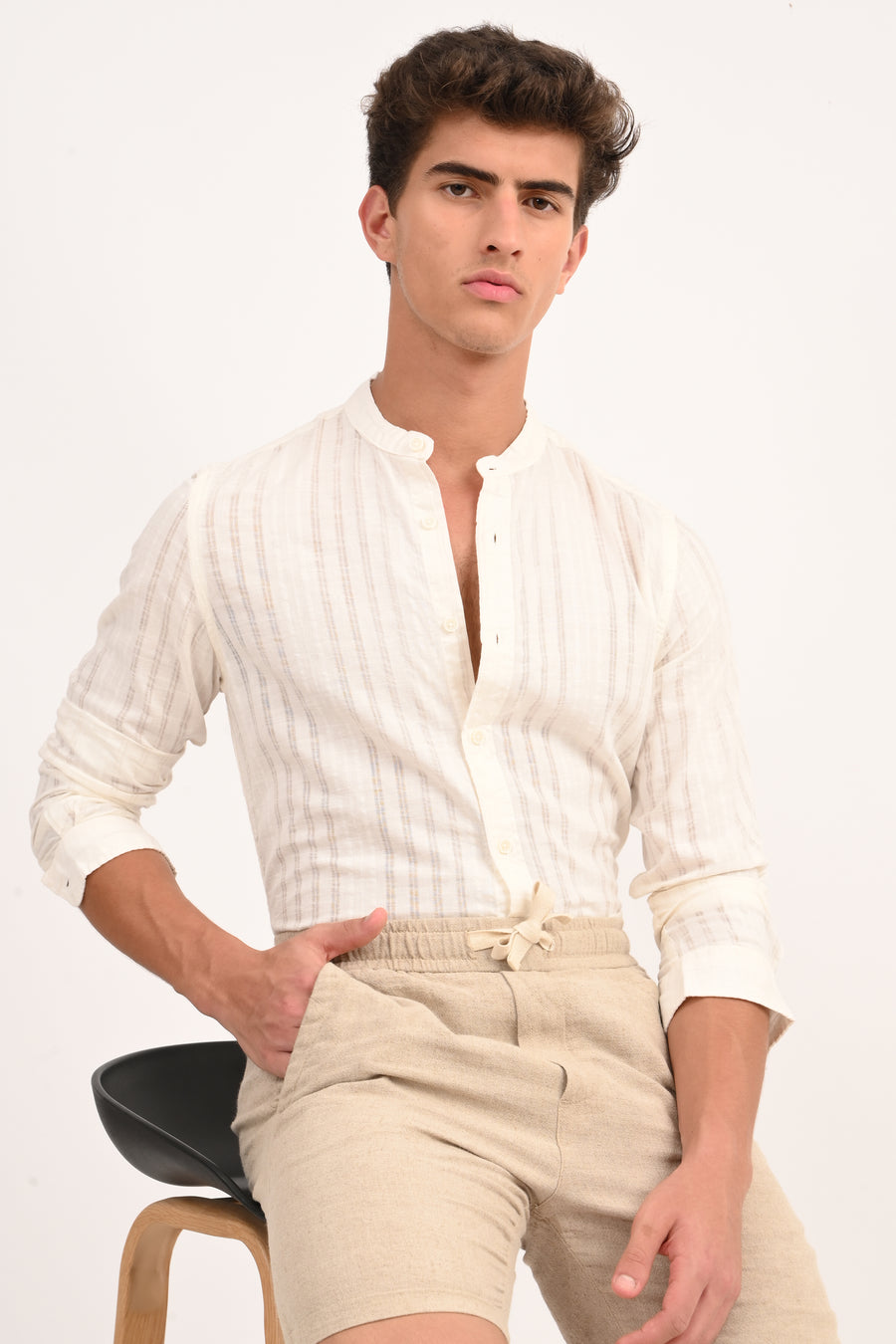 Becky - Striped Linen Check Shirt - Off White