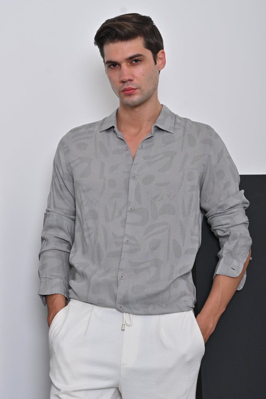 Ari - Viscose Linen Printed Shirt - Grey