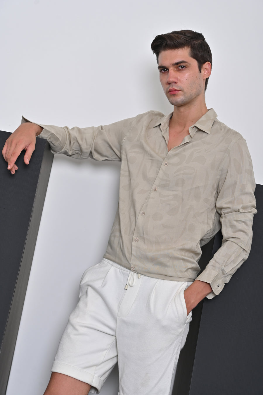 Ari - Viscose Linen Printed Shirt - Beige