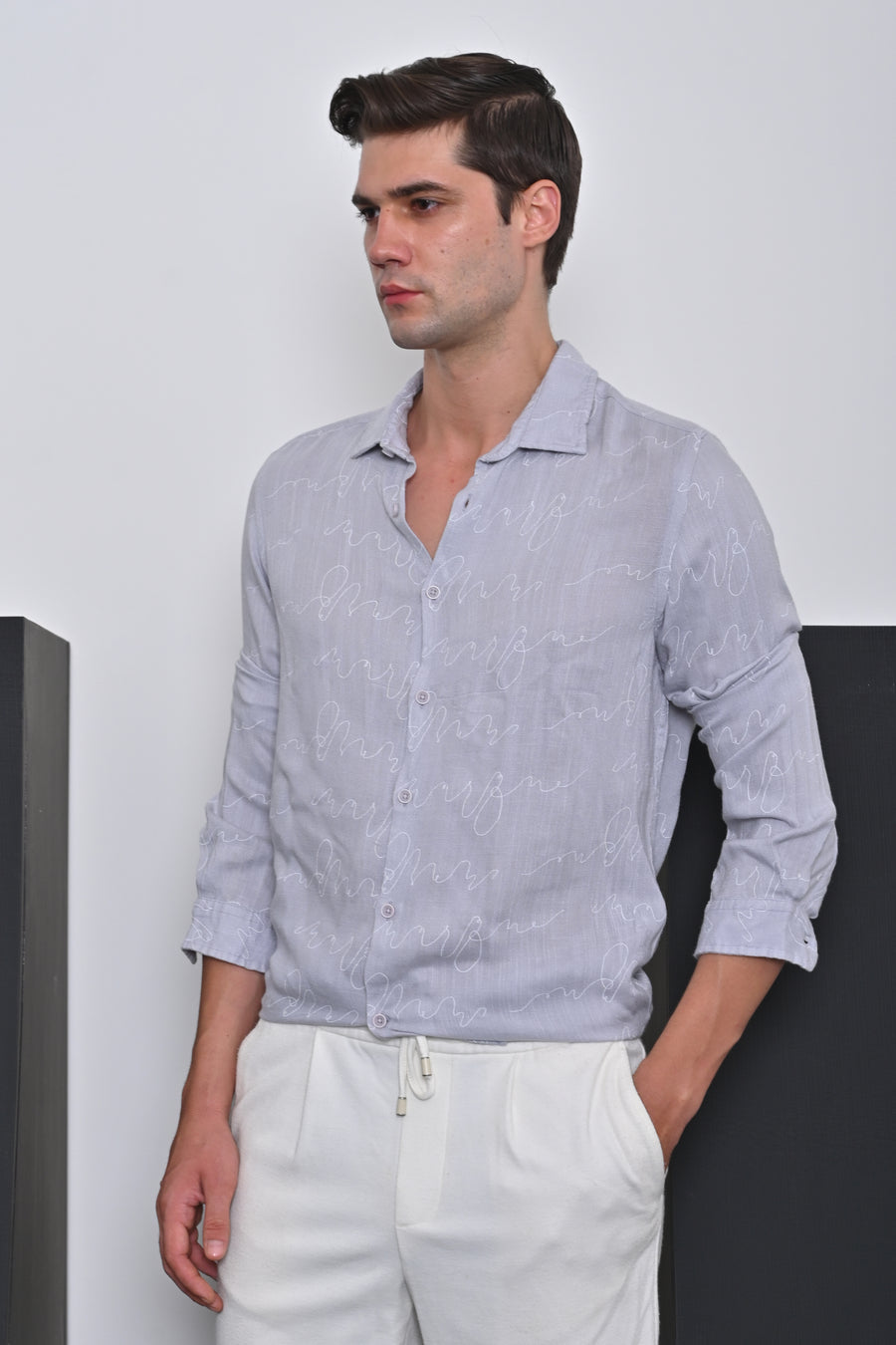 Amos - Viscose Linen Printed Shirt - Grey