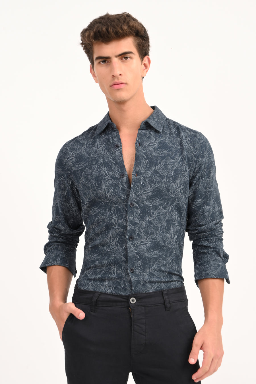 Perry - Cotton Printed Dobby Shirt - Navy