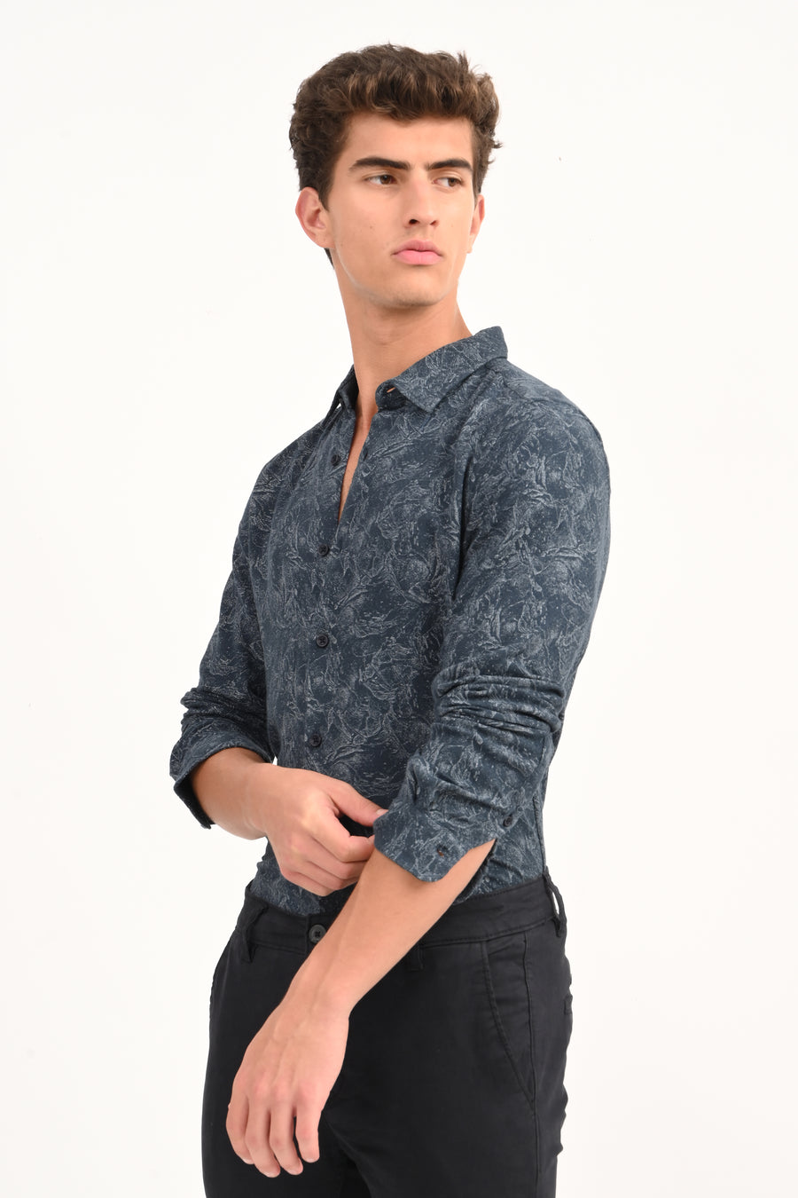 Perry - Cotton Printed Dobby Shirt - Navy