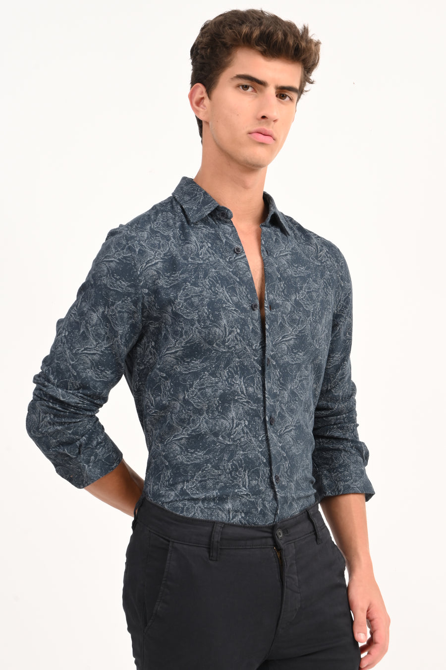 Perry - Cotton Printed Dobby Shirt - Navy