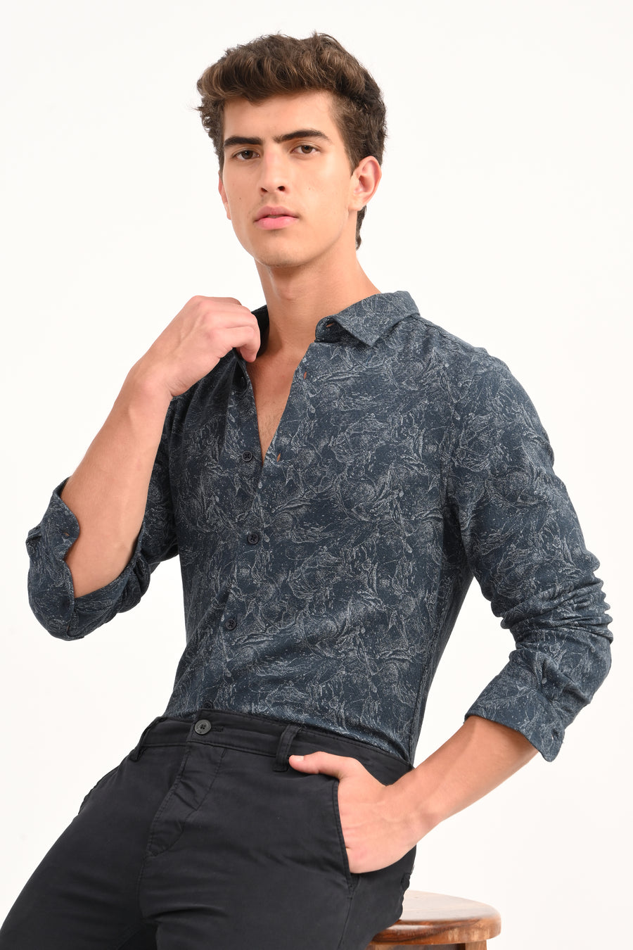 Perry - Cotton Printed Dobby Shirt - Navy