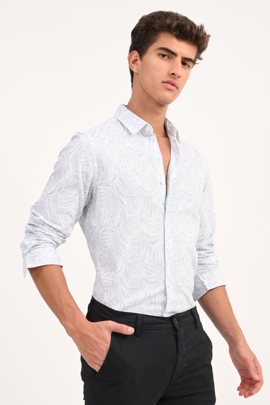 Cuba - Seersucker Printed Shirt - Sky Blue