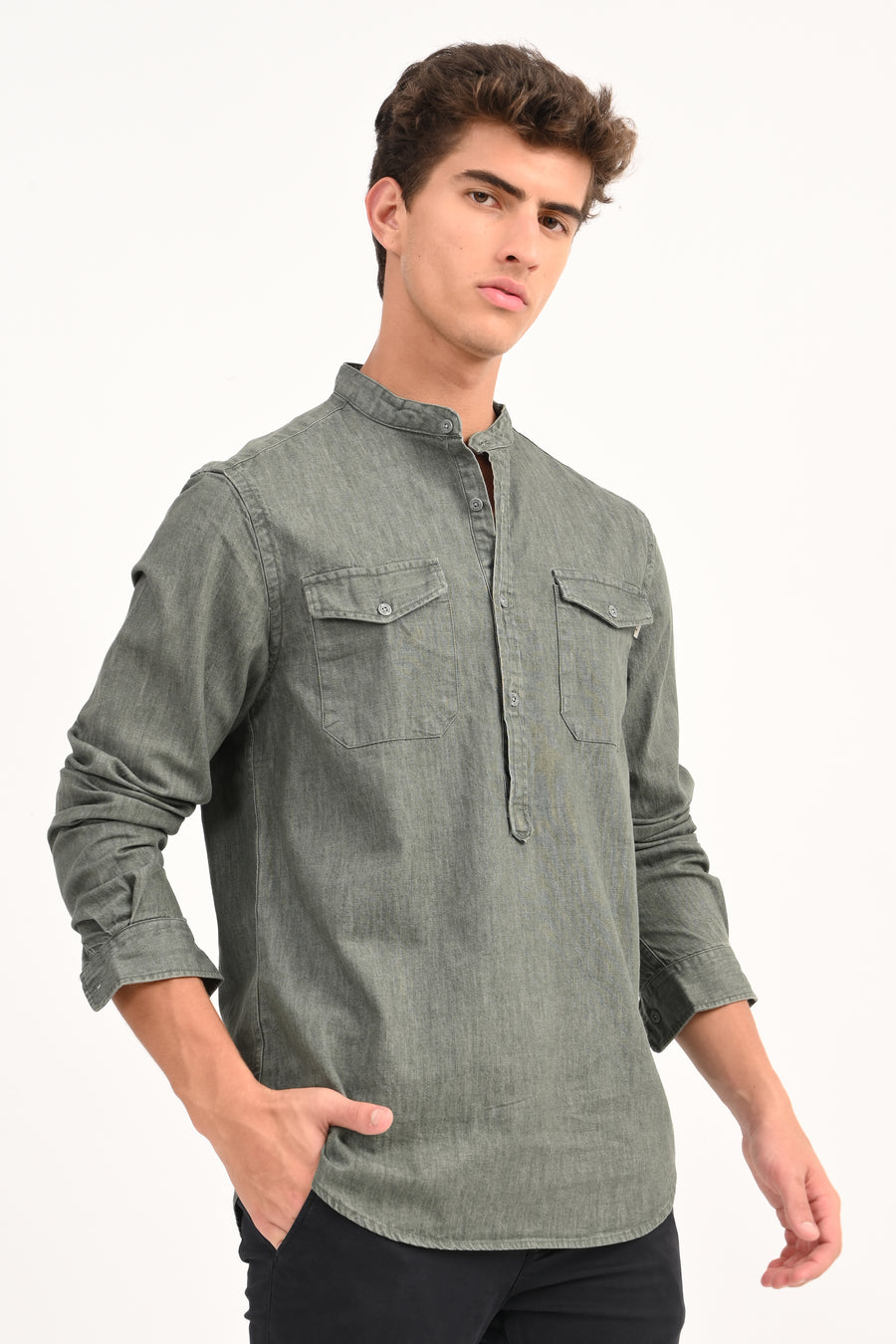 Margot - Detailed Denim Shirt - Olive