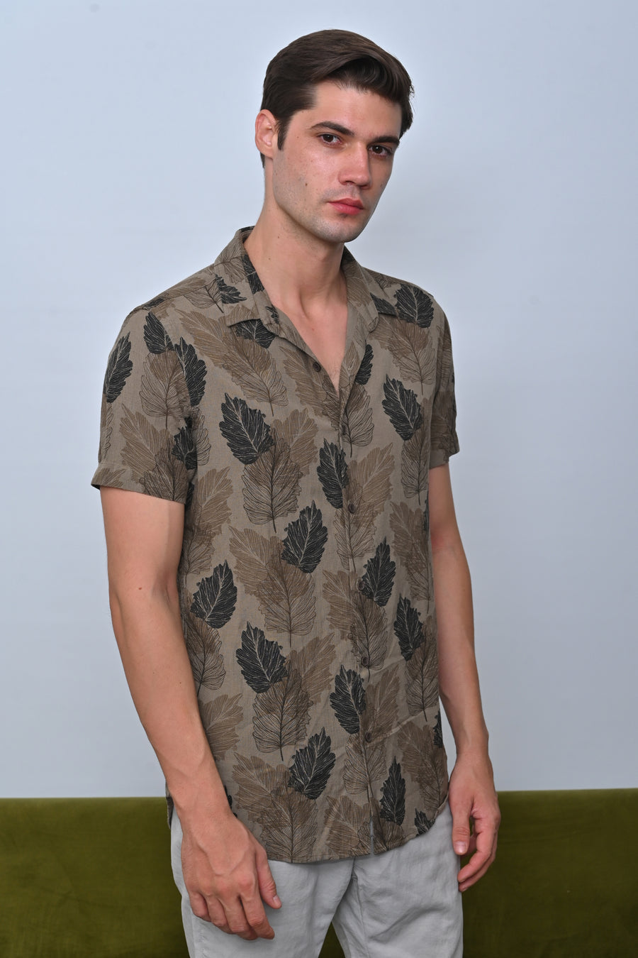 Felix - Cotton Linen Printed Shirt - Olive