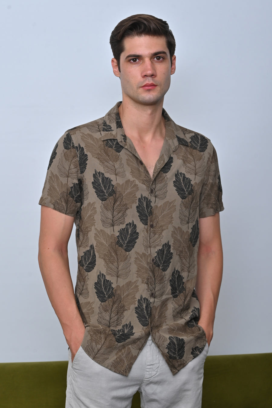 Felix - Cotton Linen Printed Shirt - Olive