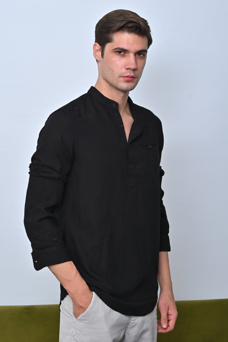 Jenny - Viscose Linen Solid Shirt - Black