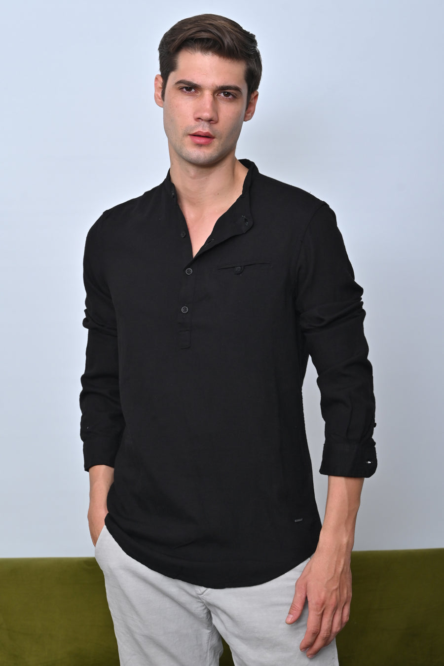 Jenny - Viscose Linen Solid Shirt - Black