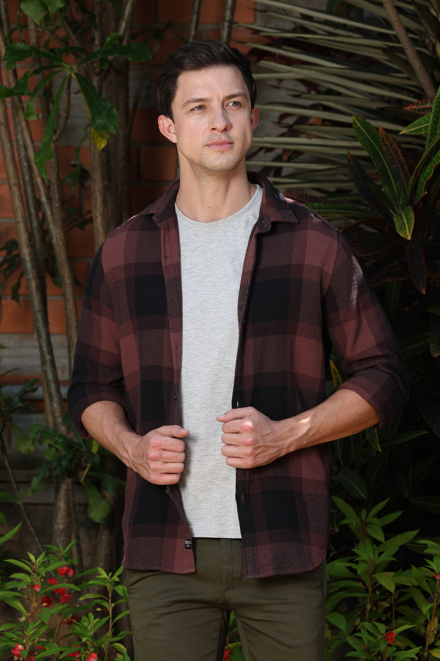 Holler - Waffle Dobby Check Shirt - Maroon