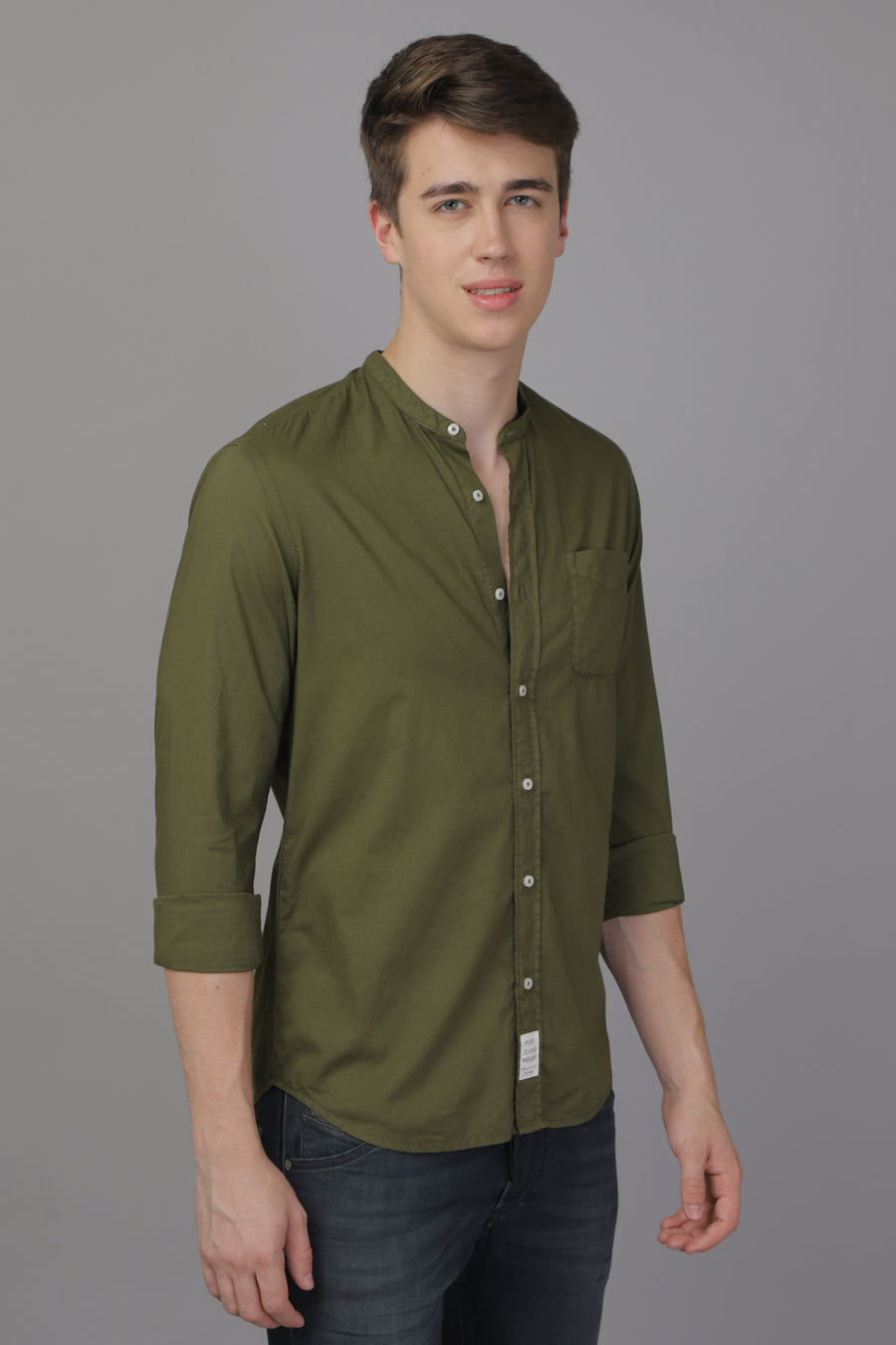 Noor - Stand Up Collar Solid Shirt - Olive