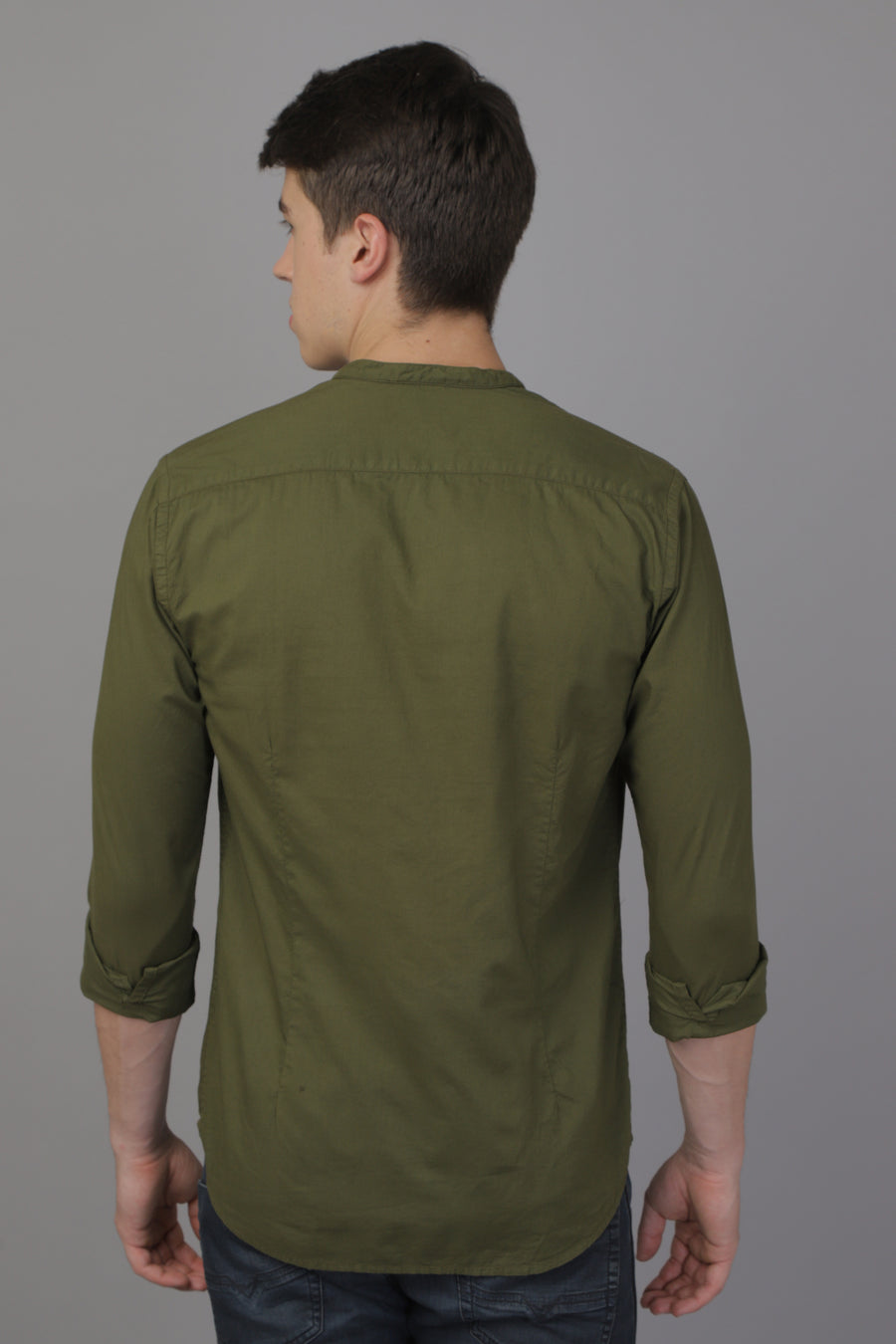 Noor - Stand Up Collar Solid Shirt - Olive
