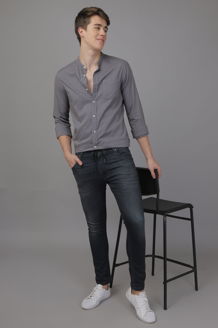 Noor - Stand Up Collar Solid Shirt - Grey