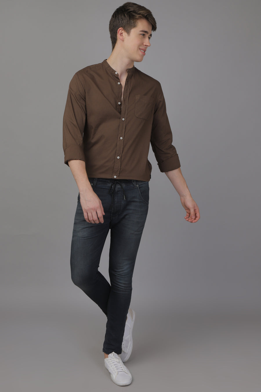 Noor - Stand Up Collar Solid Shirt - Coffee