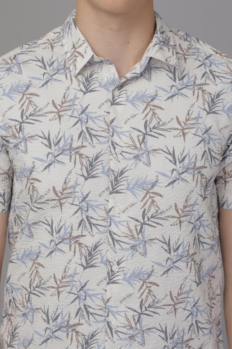 Logan - Seersucker Leaf Print Shirt - Blue