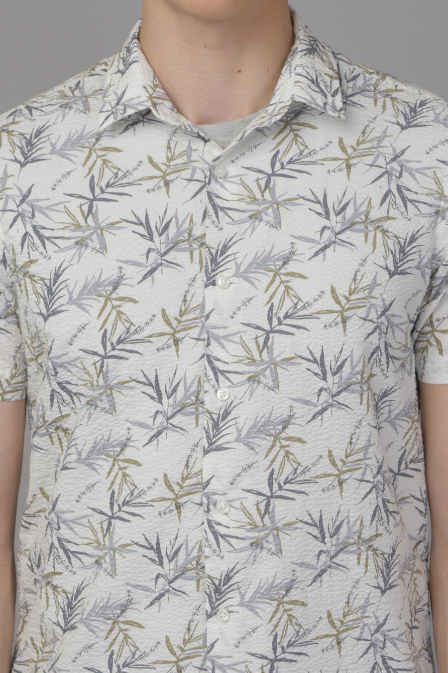 Logan - Seersucker Leaf Print Shirt - Grey