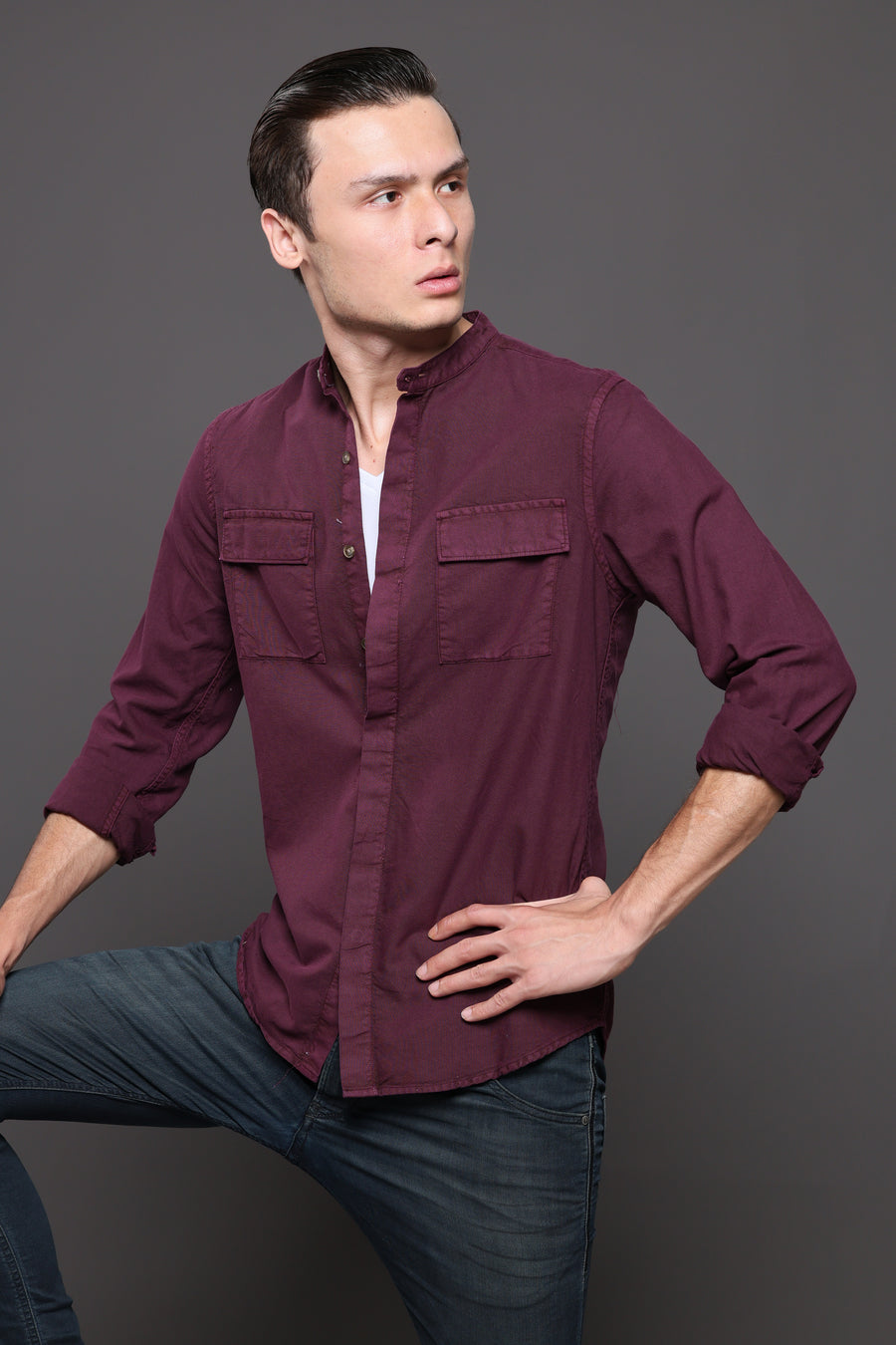 George - Mandarin Collar Shirt - Burgundy