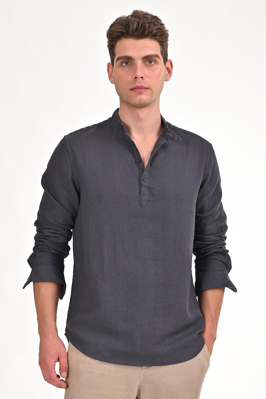 Ruby - Textured Solid Kurta Shirt - Grey