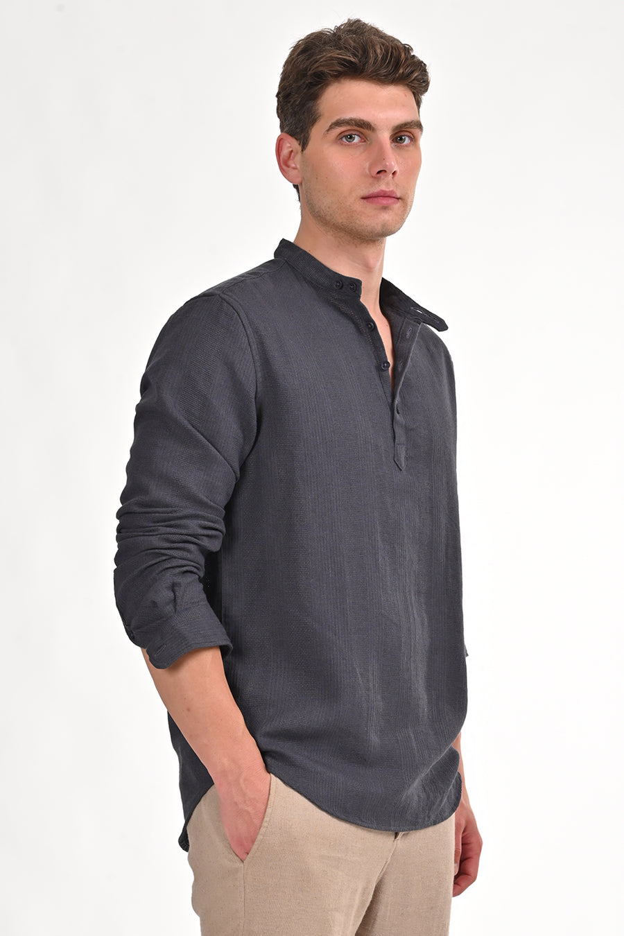 Ruby - Textured Solid Kurta Shirt - Grey