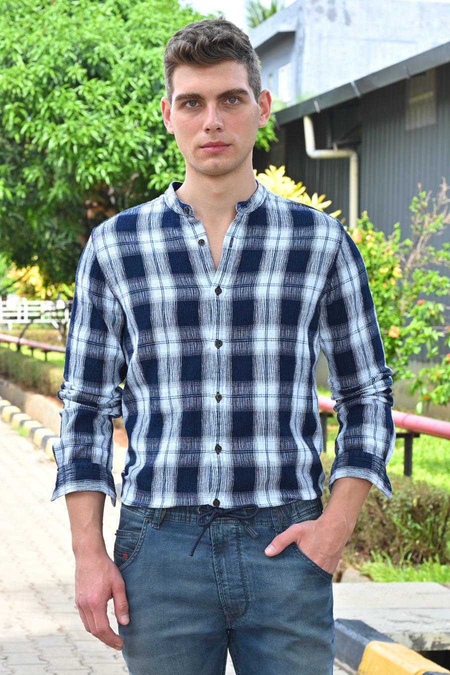 Sebastian - Indigo Textured Check Shirt - Navy