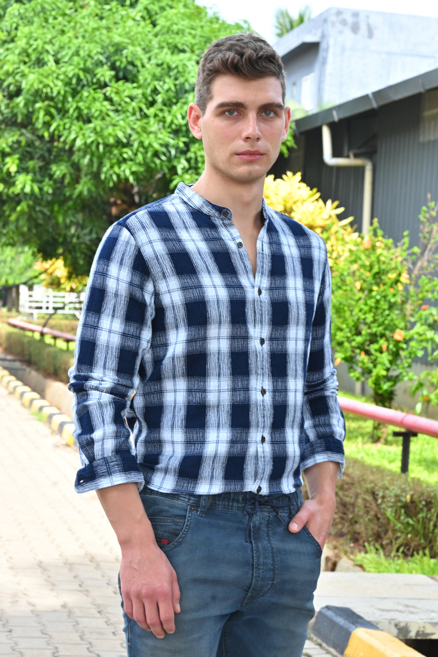 Sebastian - Indigo Textured Check Shirt - Navy