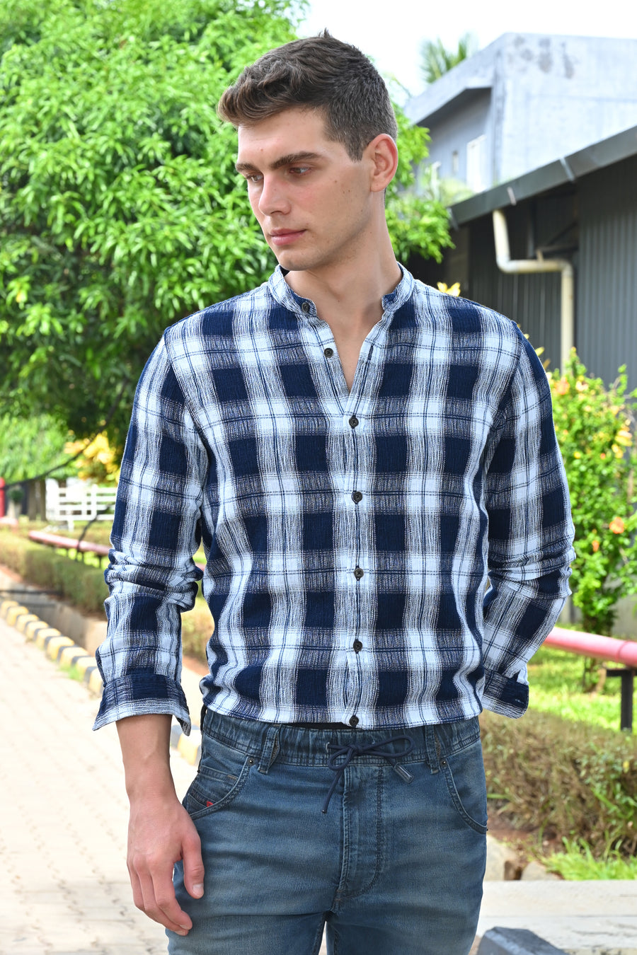 Sebastian - Indigo Textured Check Shirt - Navy