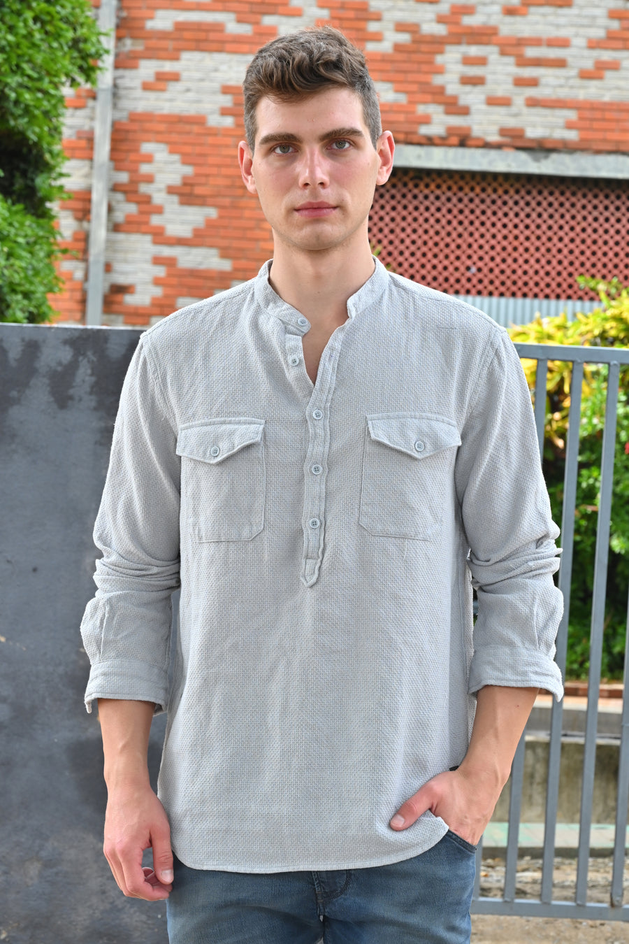 Joshua - Textured Kurta Pocketed Shirt - Grey