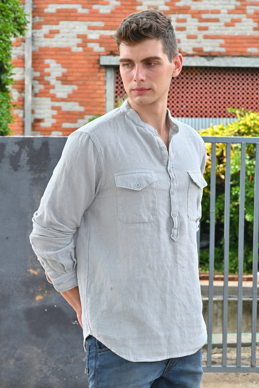 Joshua - Textured Kurta Pocketed Shirt - Grey