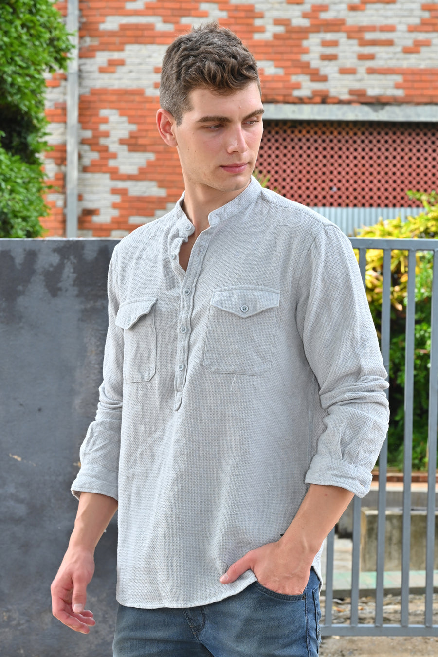 Joshua - Textured Kurta Pocketed Shirt - Grey